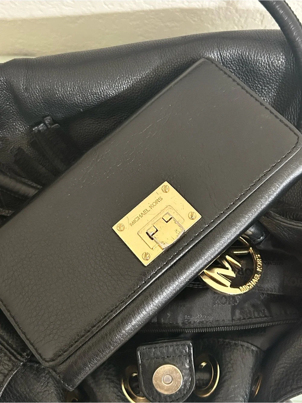Michael Kors Black Leather Hobo Bag and Michael Kors Black Lock Wallet Bundle